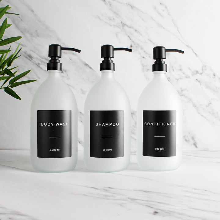 Body Wash, Shampoo & Conditioner Frosted White Glass Set - Namie Home