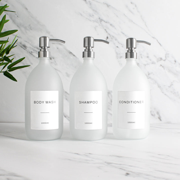 Body Wash, Shampoo & Conditioner Frosted White Glass Set - Namie Home