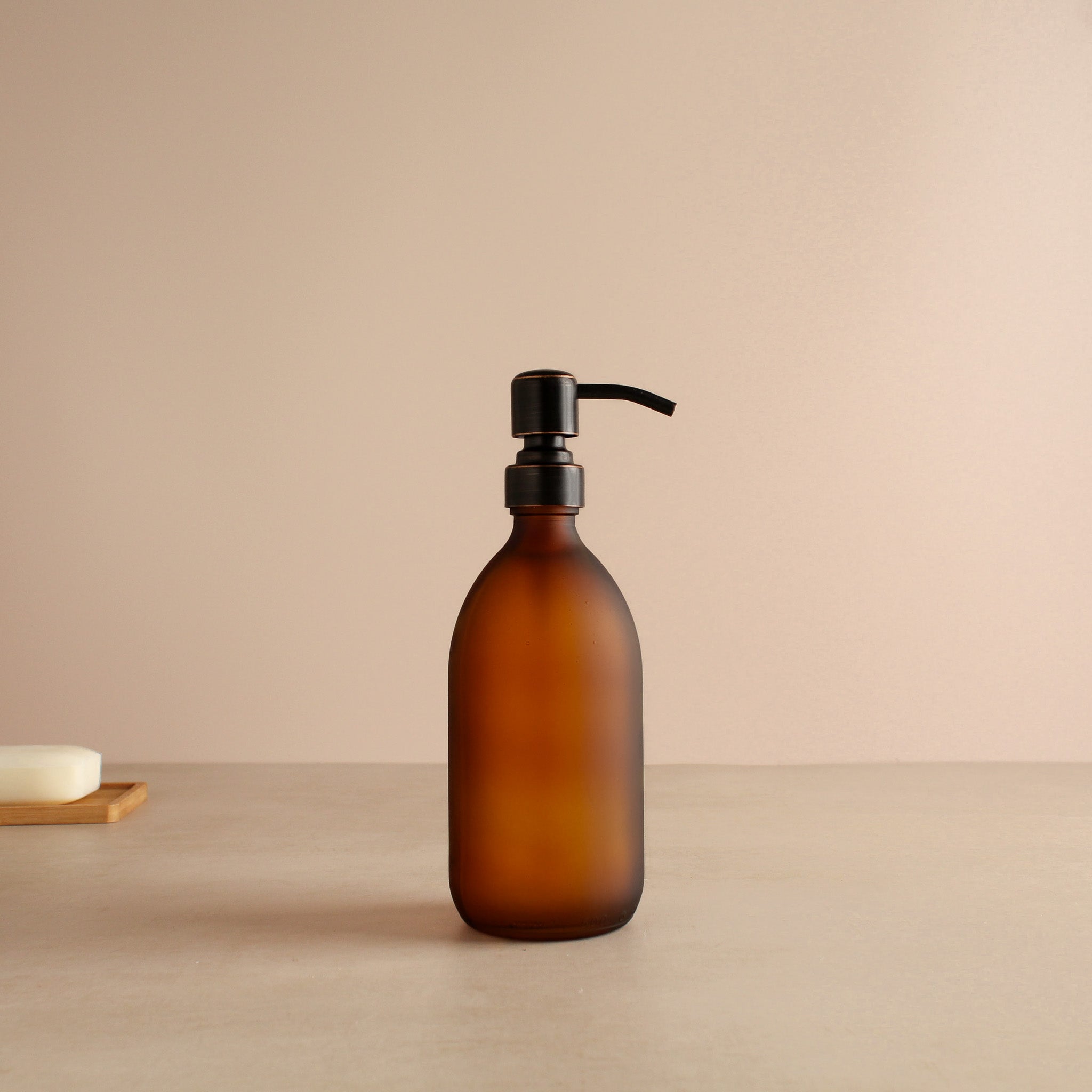 Frosted Amber Glass Dispenser Bottle With Black/Copper Pump - Namie Home