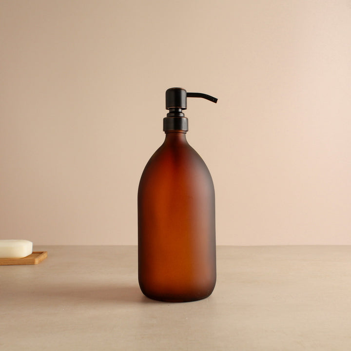 Frosted Amber Glass Dispenser Bottle With Black/Copper Pump - Namie Home