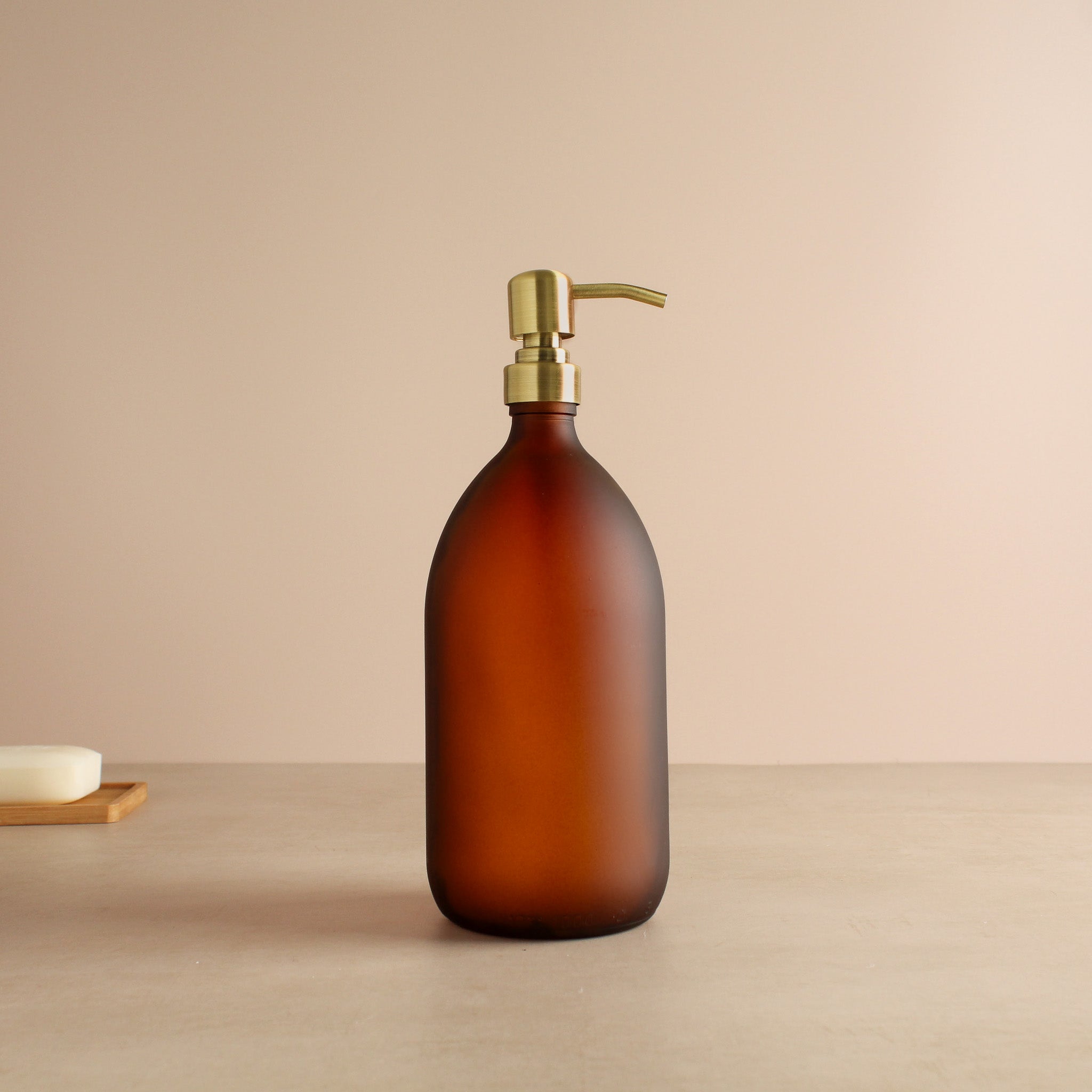 Frosted Amber Glass Dispenser Bottle With Gold Pump - Namie Home