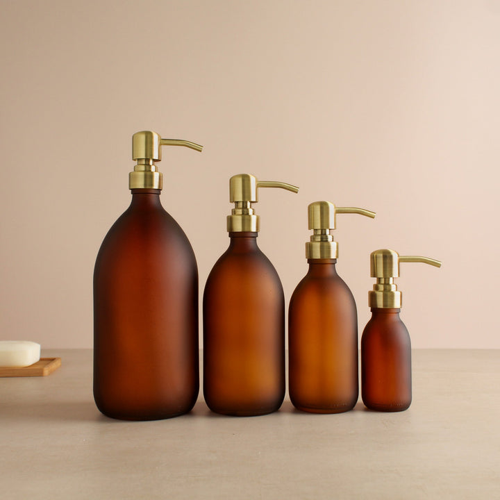 Frosted Amber Glass Dispenser Bottle With Gold Pump - Namie Home