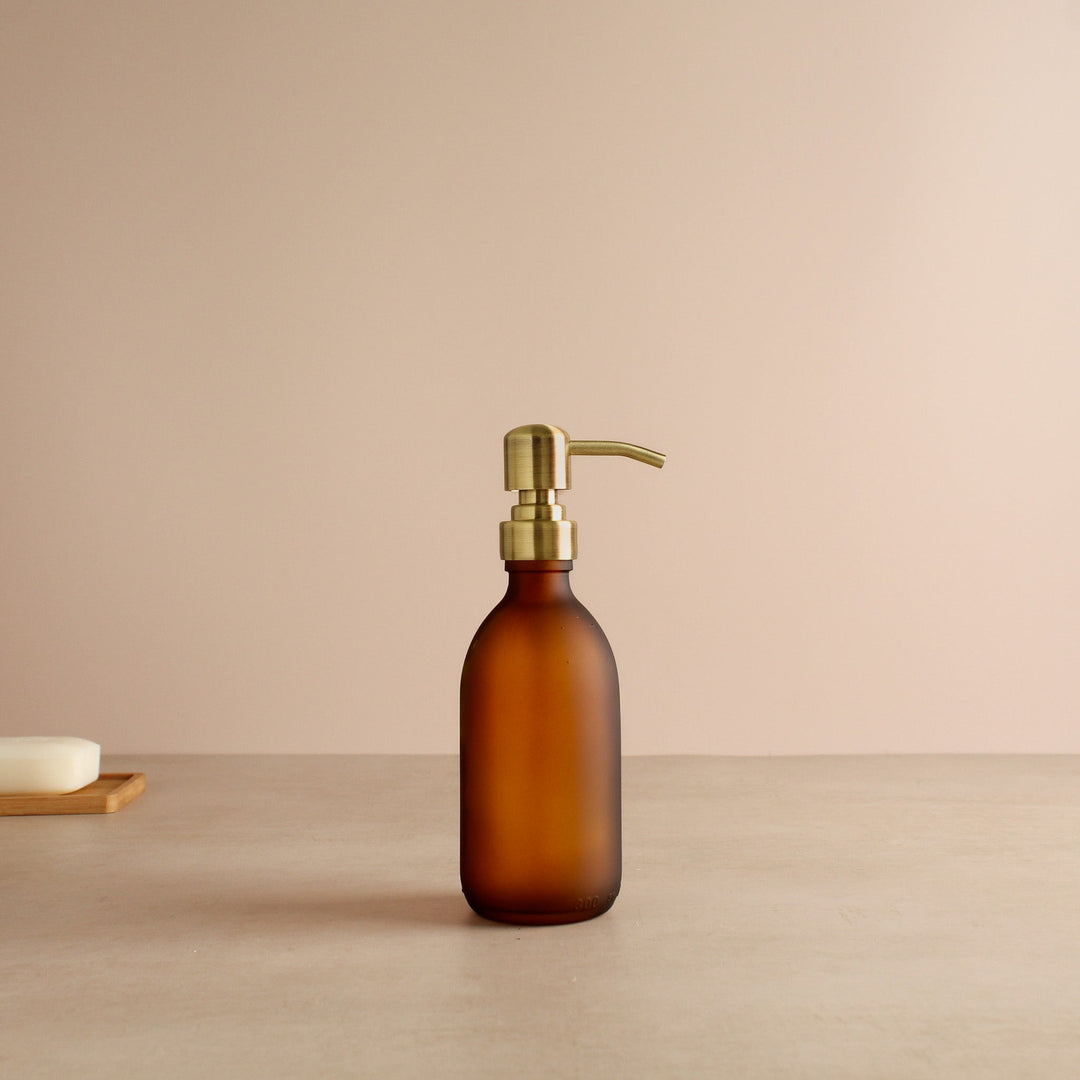 Frosted Amber Glass Dispenser Bottle With Gold Pump - Namie Home