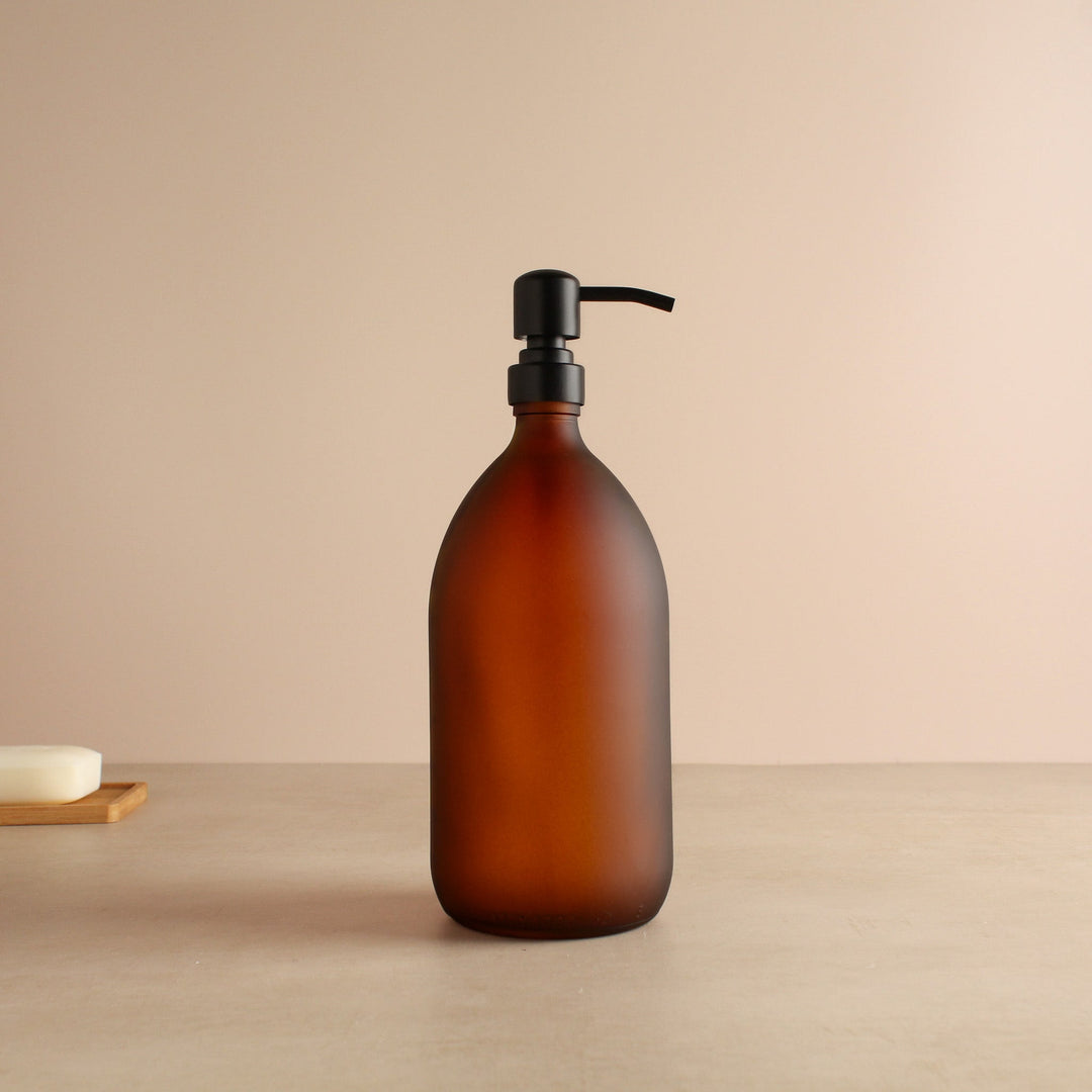 Frosted Amber Glass Dispenser Bottle With Matte Black Pump - Namie Home