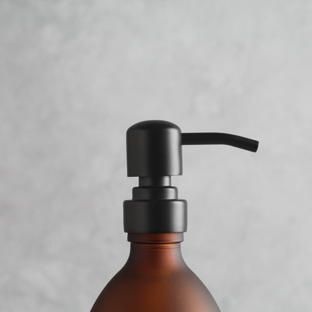 Frosted Amber Glass Dispenser Bottle With Matte Black Pump - Namie Home