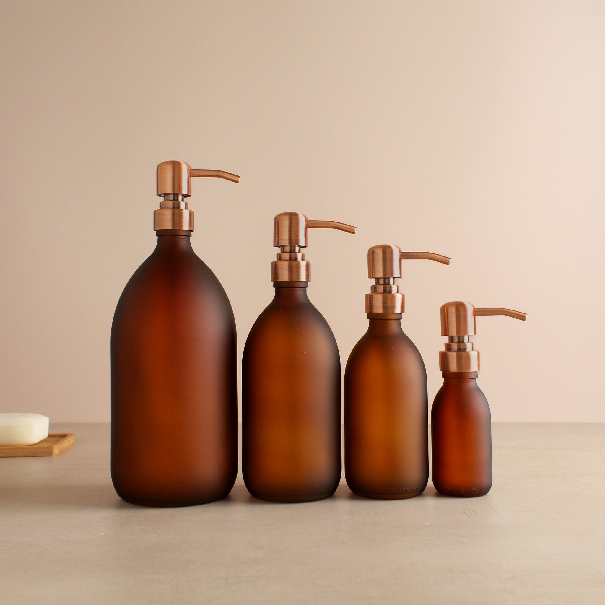 Frosted Amber Glass Dispenser Bottle With Rose Gold Pump - Namie Home