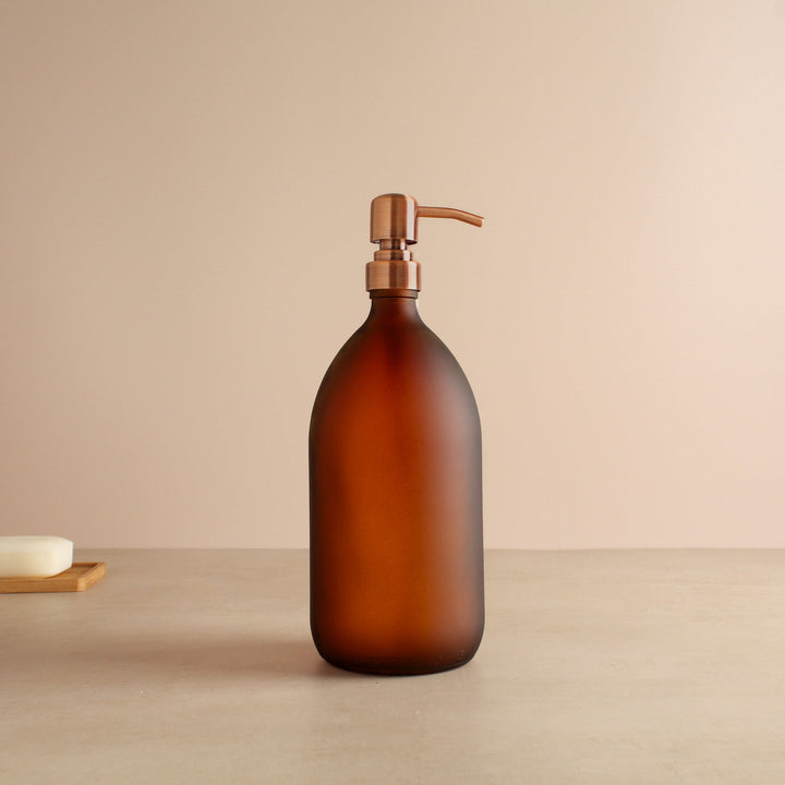 Frosted Amber Glass Dispenser Bottle With Rose Gold Pump - Namie Home