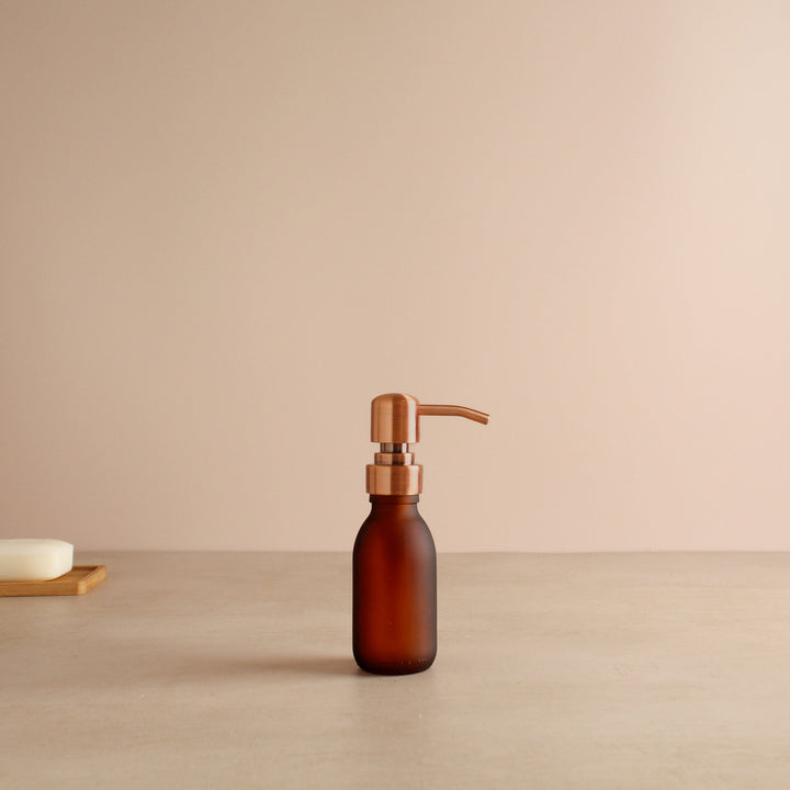 Frosted Amber Glass Dispenser Bottle With Rose Gold Pump - Namie Home