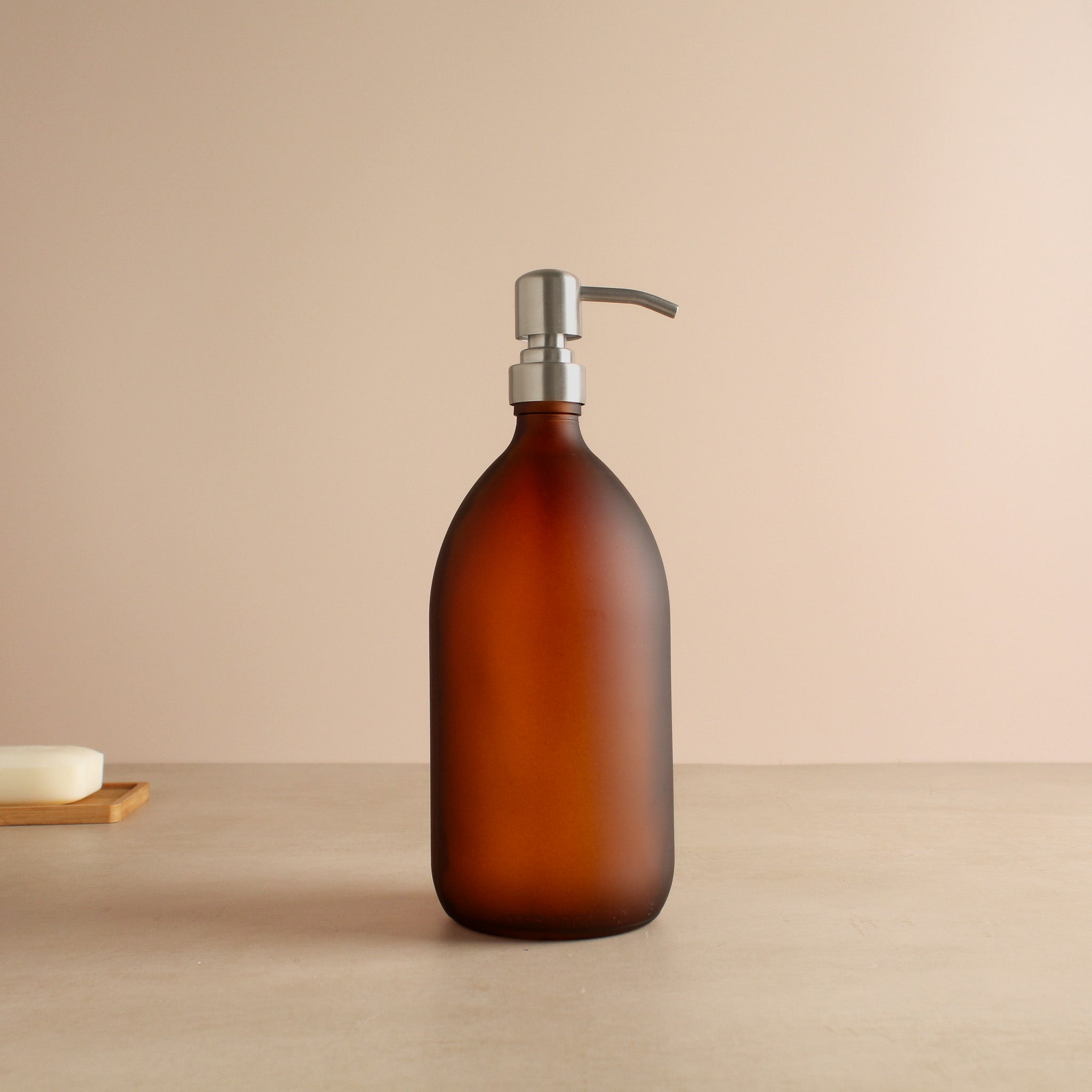 Frosted Amber Glass Dispenser Bottle With Silver Pump - Namie Home