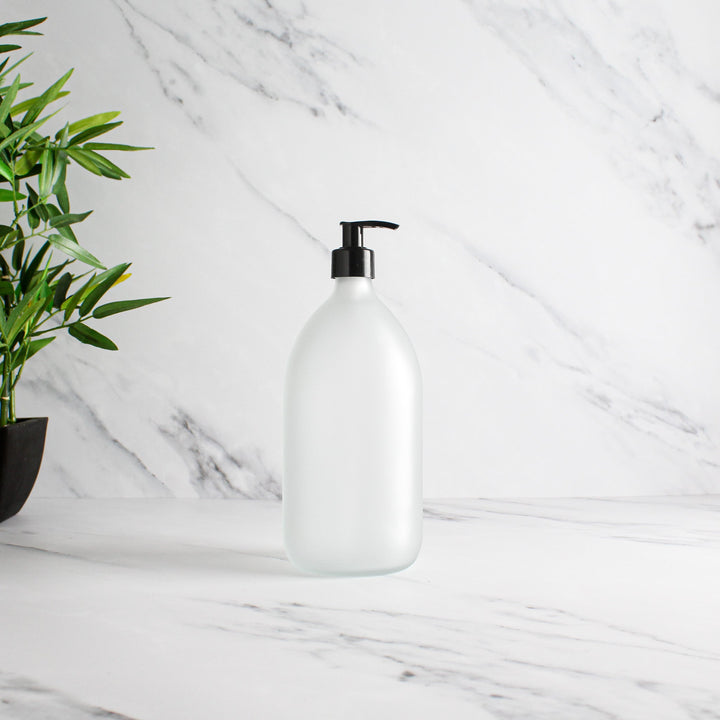 Frosted White Glass Dispenser Bottle With Black Pump - Namie Home