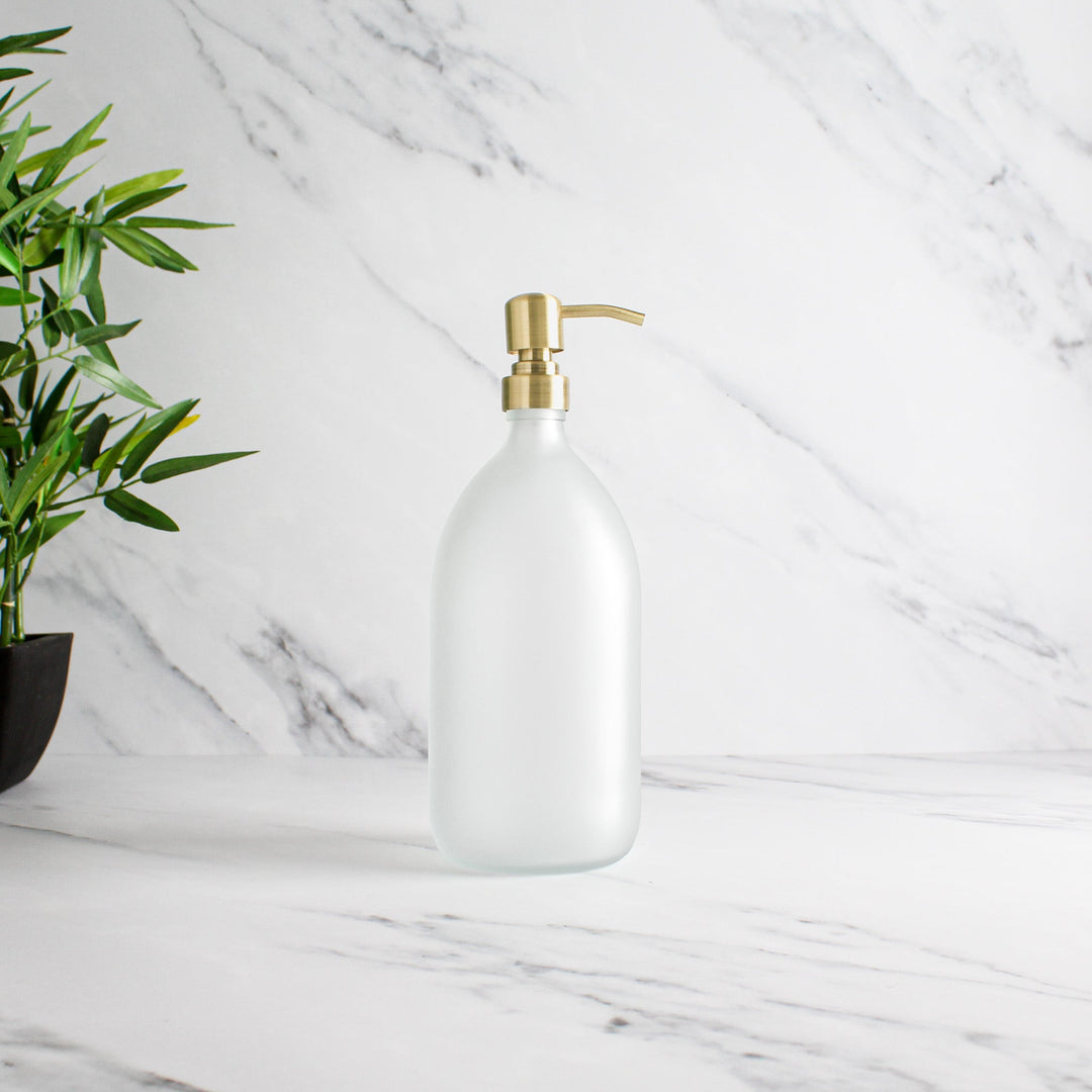 Frosted White Glass Dispenser Bottle With Gold Pump - Namie Home