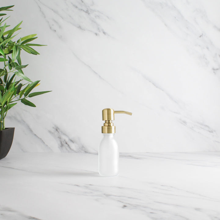 Frosted White Glass Dispenser Bottle With Gold Pump - Namie Home