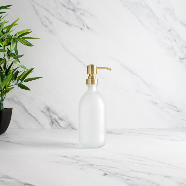 Frosted White Glass Dispenser Bottle With Gold Pump - Namie Home