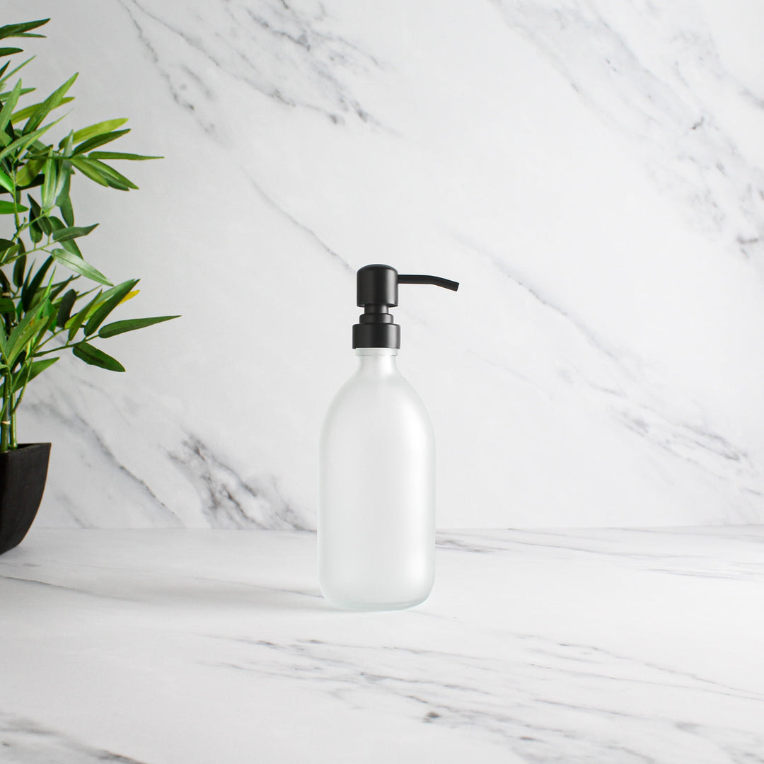 Frosted White Glass Dispenser Bottle With Matte Black Pump - Namie Home