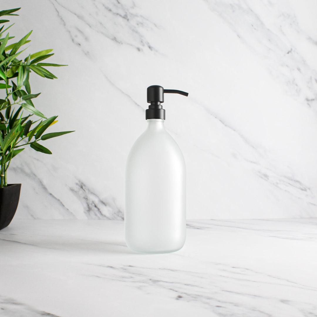 Frosted White Glass Dispenser Bottle With Matte Black Pump - Namie Home