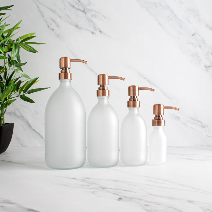 Frosted White Glass Dispenser Bottle With Rose Gold Pump - Namie Home