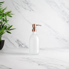 Frosted White Glass Dispenser Bottle With Rose Gold Pump - Namie Home