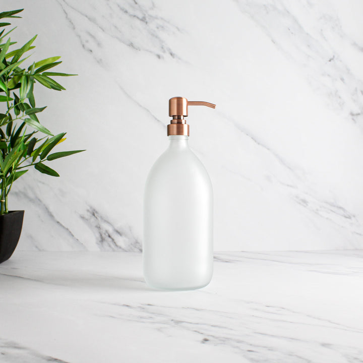 Frosted White Glass Dispenser Bottle With Rose Gold Pump - Namie Home