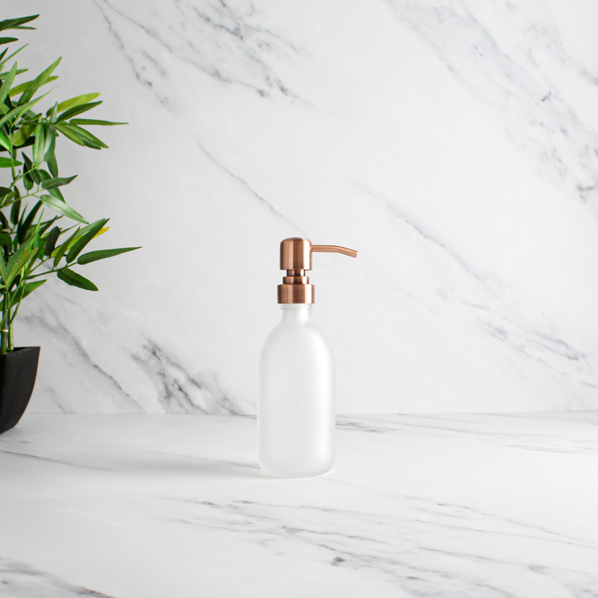 Frosted White Glass Dispenser Bottle With Rose Gold Pump - Namie Home