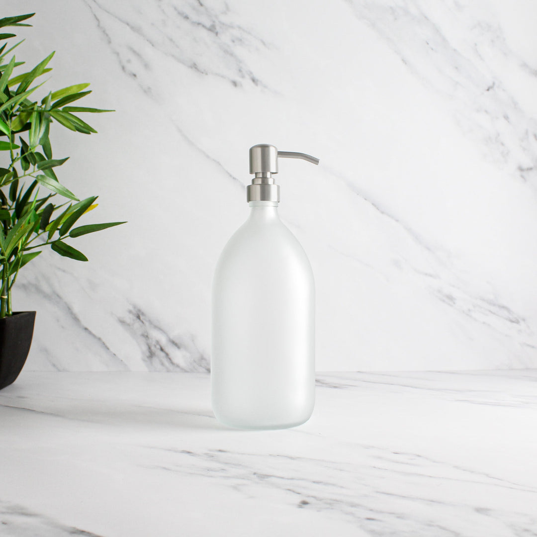 Frosted White Glass Dispenser Bottle With Silver Pump - Namie Home