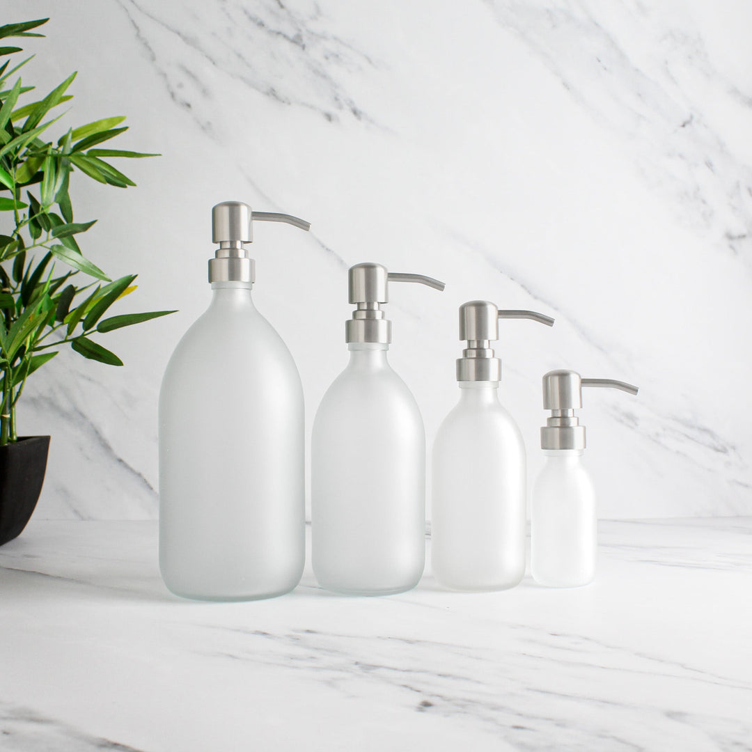 Frosted White Glass Dispenser Bottle With Silver Pump - Namie Home