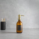 Labelled Amber Glass Dispenser Bottle With Gold Pump - Namie Home