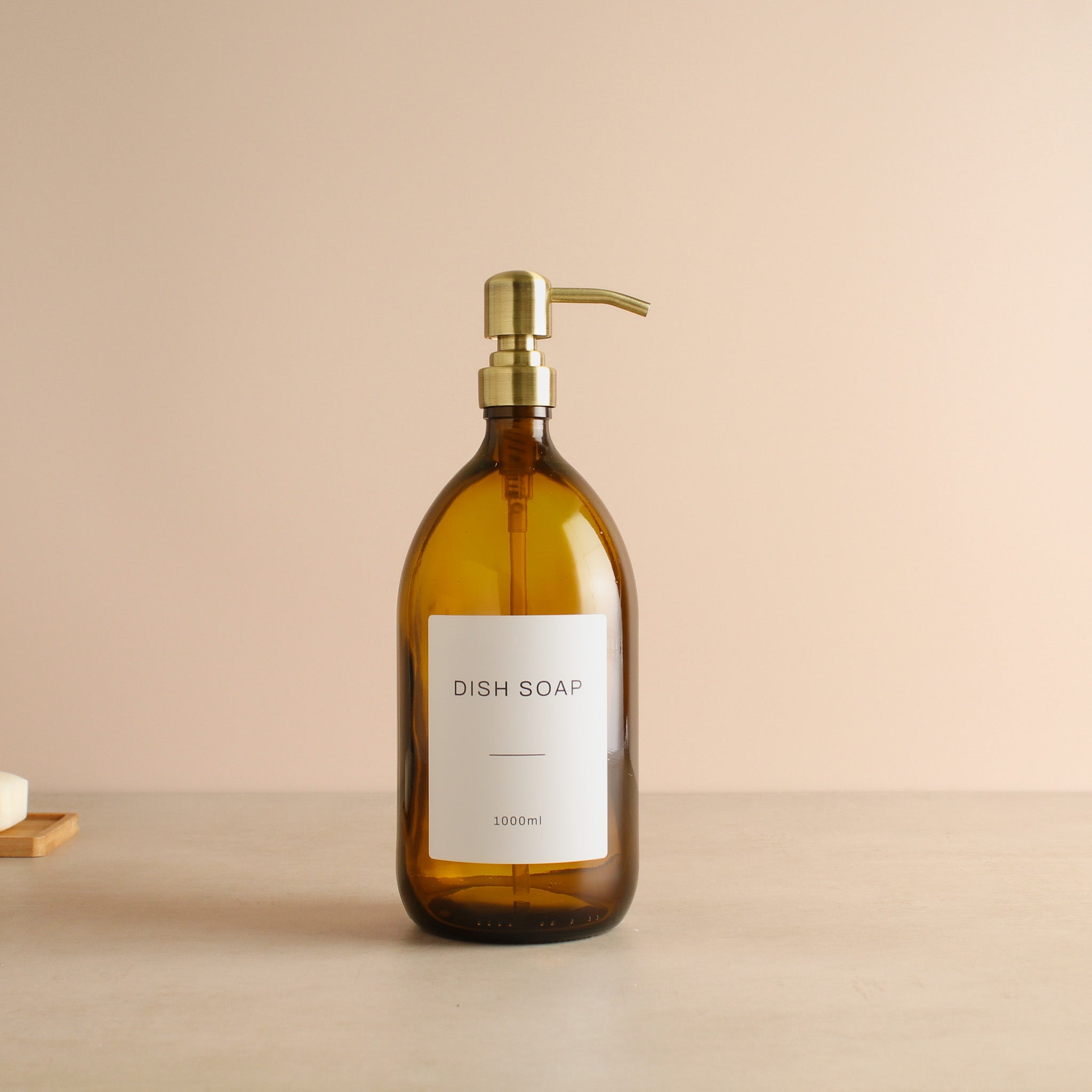 Labelled Amber Glass Dispenser Bottle With Gold Pump - Namie Home