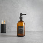 Labelled Amber Glass Dispenser Bottle With Matte Black Pump - Namie Home