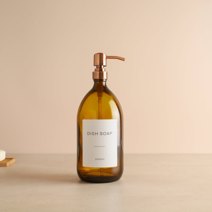 Labelled Amber Glass Dispenser Bottle With Rose Gold Pump - Namie Home