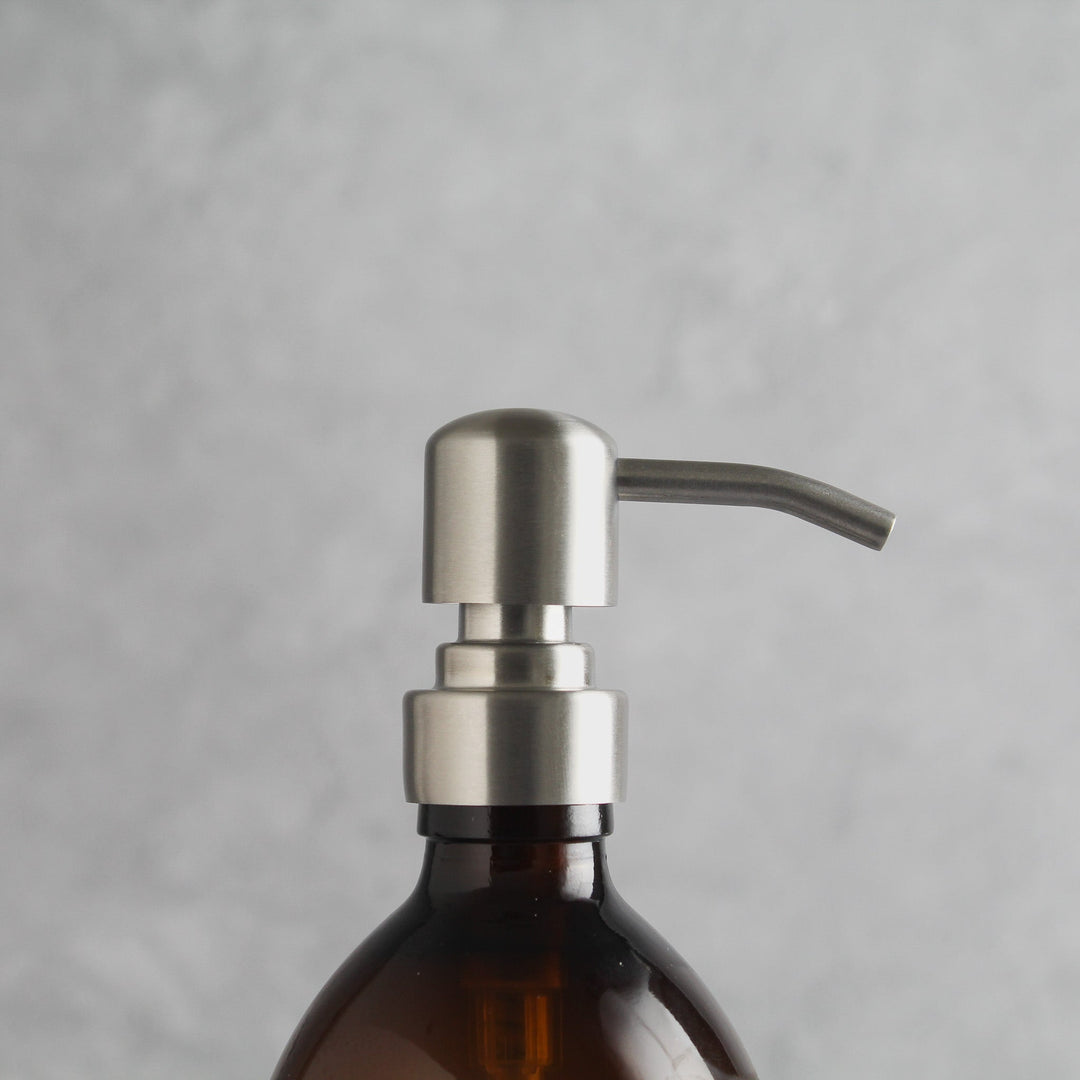 Labelled Amber Glass Dispenser Bottle With Silver Pump - Namie Home