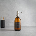 Labelled Amber Glass Dispenser Bottle With Silver Pump - Namie Home