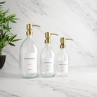 Labelled Clear Glass Dispenser Bottle With Gold Pump - Namie Home