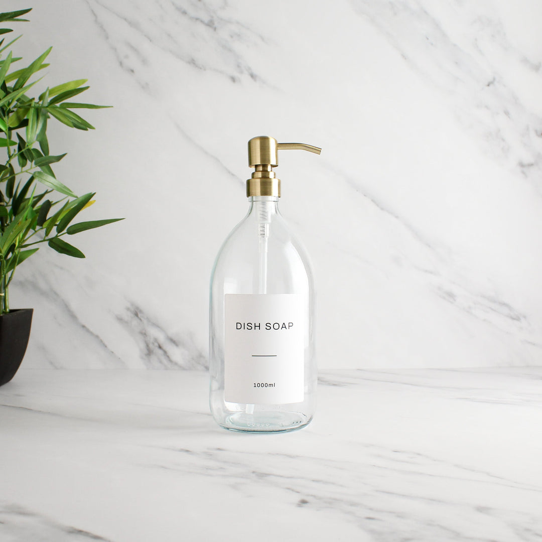 Labelled Clear Glass Dispenser Bottle With Gold Pump - Namie Home