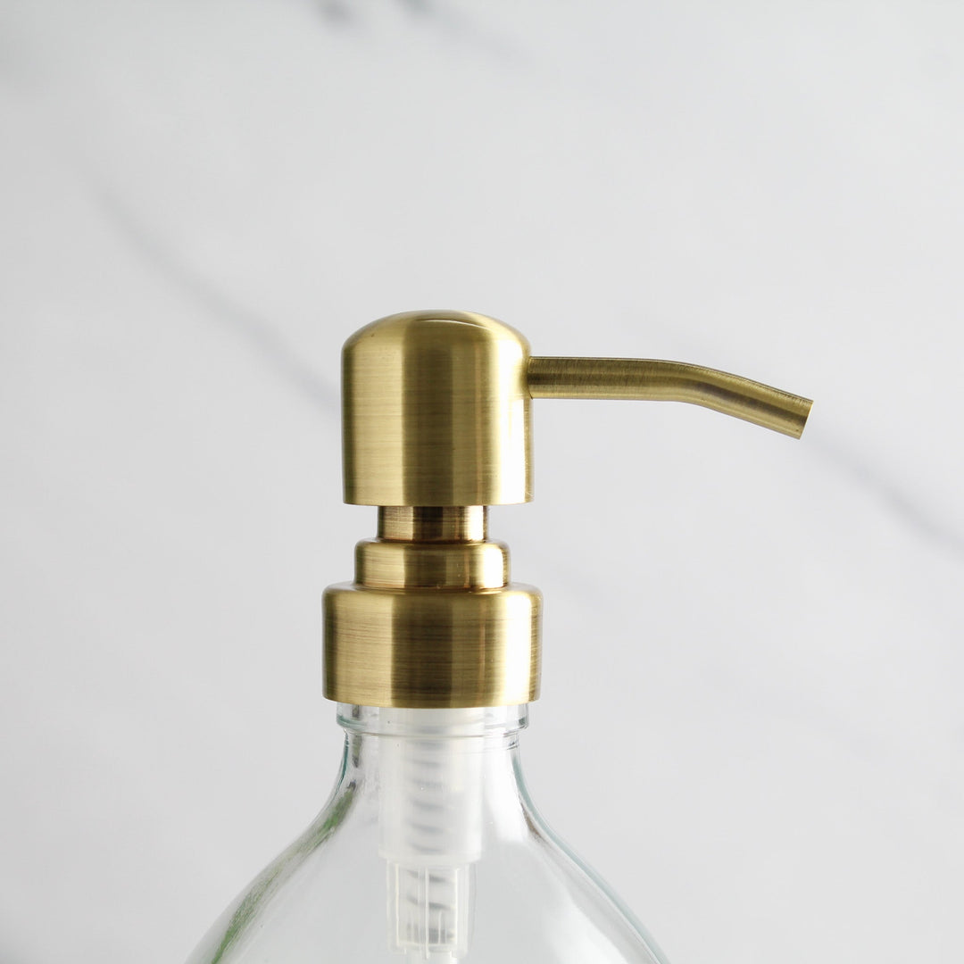 Labelled Clear Glass Dispenser Bottle With Gold Pump - Namie Home