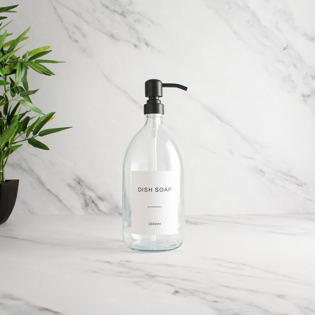 Labelled Clear Glass Dispenser Bottle With Matte Black Pump - Namie Home