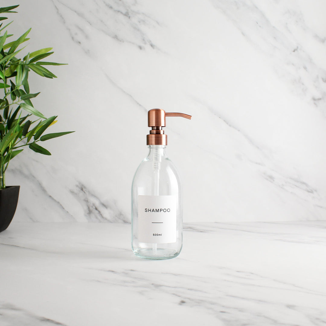 Labelled Clear Glass Dispenser Bottle With Rose Gold Pump - Namie Home