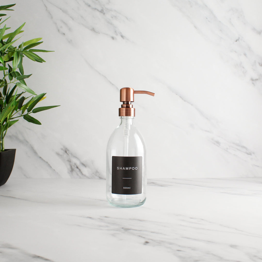 Labelled Clear Glass Dispenser Bottle With Rose Gold Pump - Namie Home