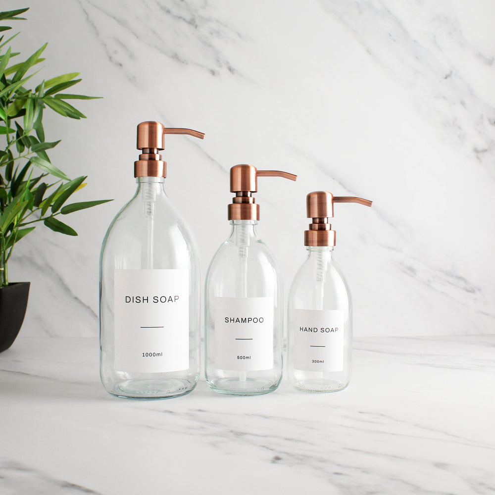 Labelled Clear Glass Dispenser Bottle With Rose Gold Pump - Namie Home