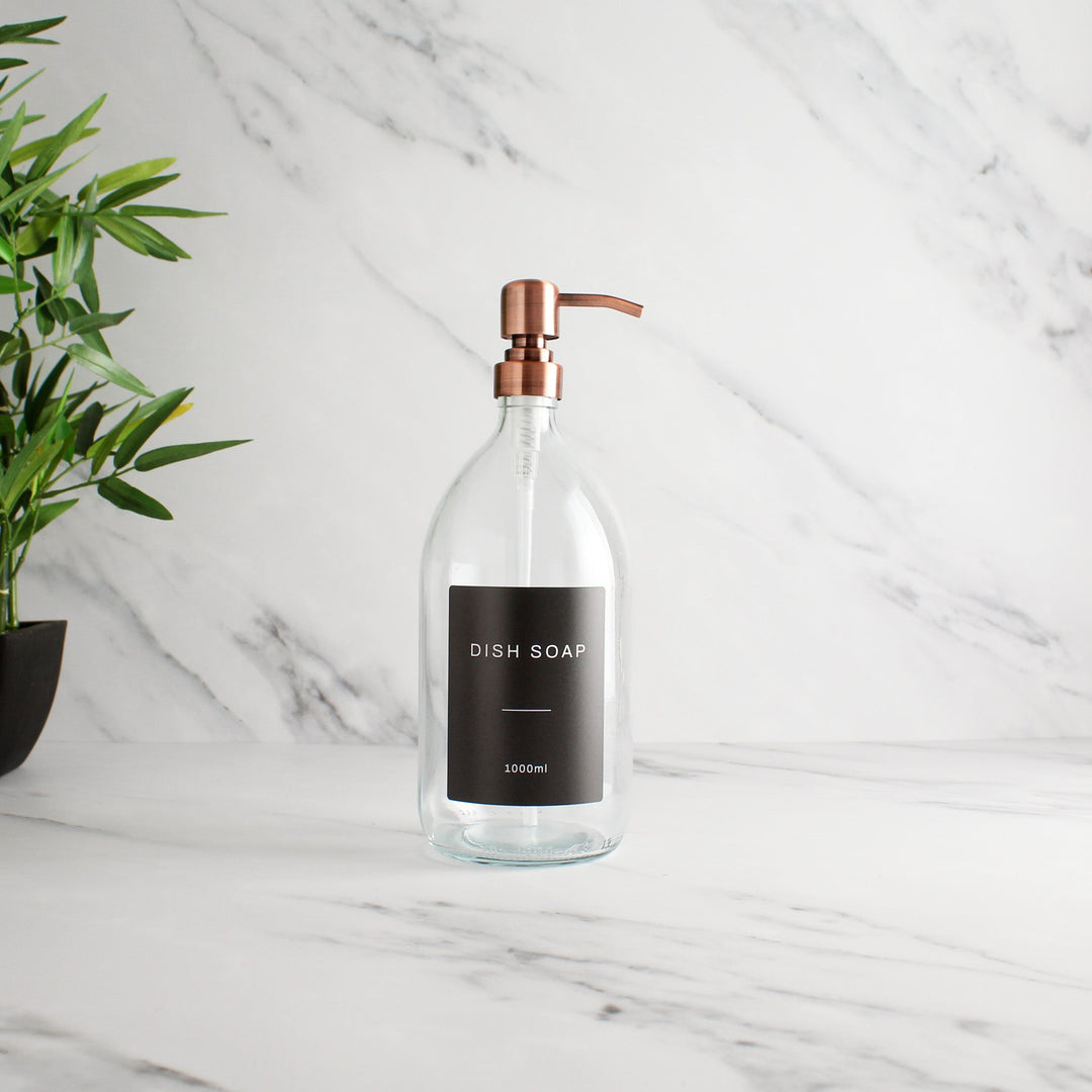 Labelled Clear Glass Dispenser Bottle With Rose Gold Pump - Namie Home