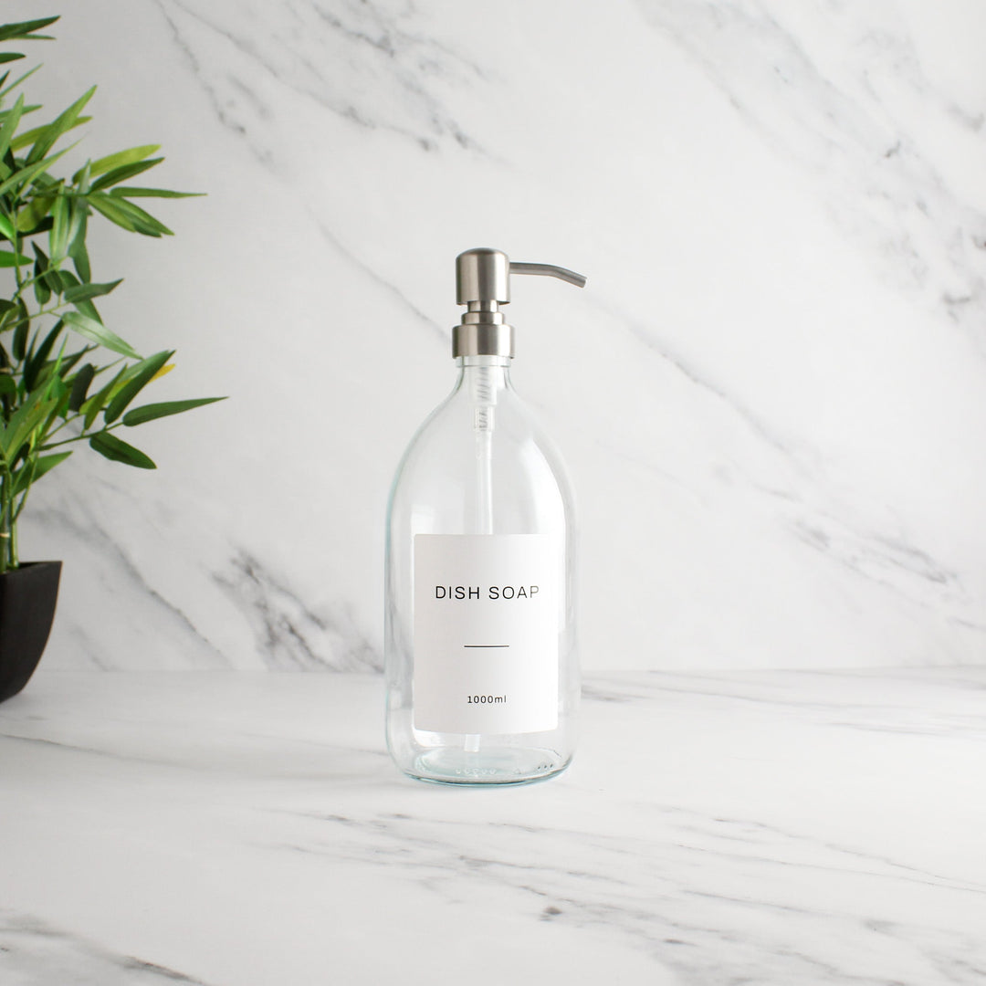 Labelled Clear Glass Dispenser Bottle With Silver Pump - Namie Home