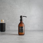 Labelled Frosted Amber Glass Dispenser Bottle With Black/Copper Pump - Namie Home