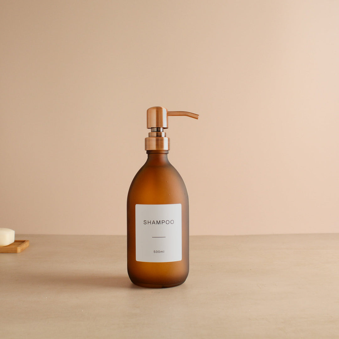 Labelled Frosted Amber Glass Dispenser Bottle With Rose Gold Pump - Namie Home