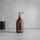 Labelled Frosted Amber Glass Dispenser Bottle With Rose Gold Pump - Namie Home