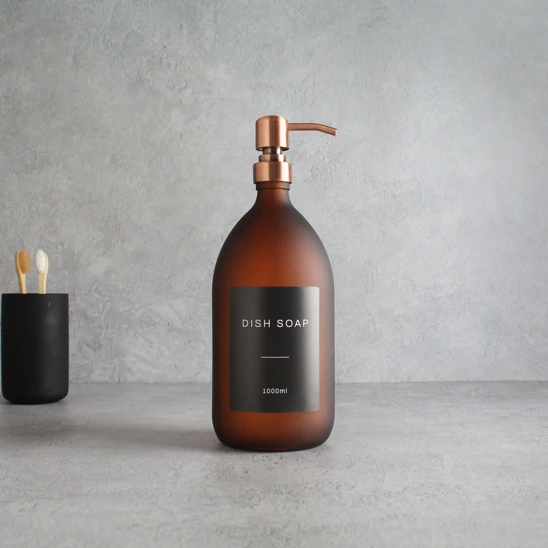 Labelled Frosted Amber Glass Dispenser Bottle With Rose Gold Pump - Namie Home