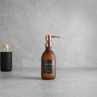 Labelled Frosted Amber Glass Dispenser Bottle With Rose Gold Pump - Namie Home