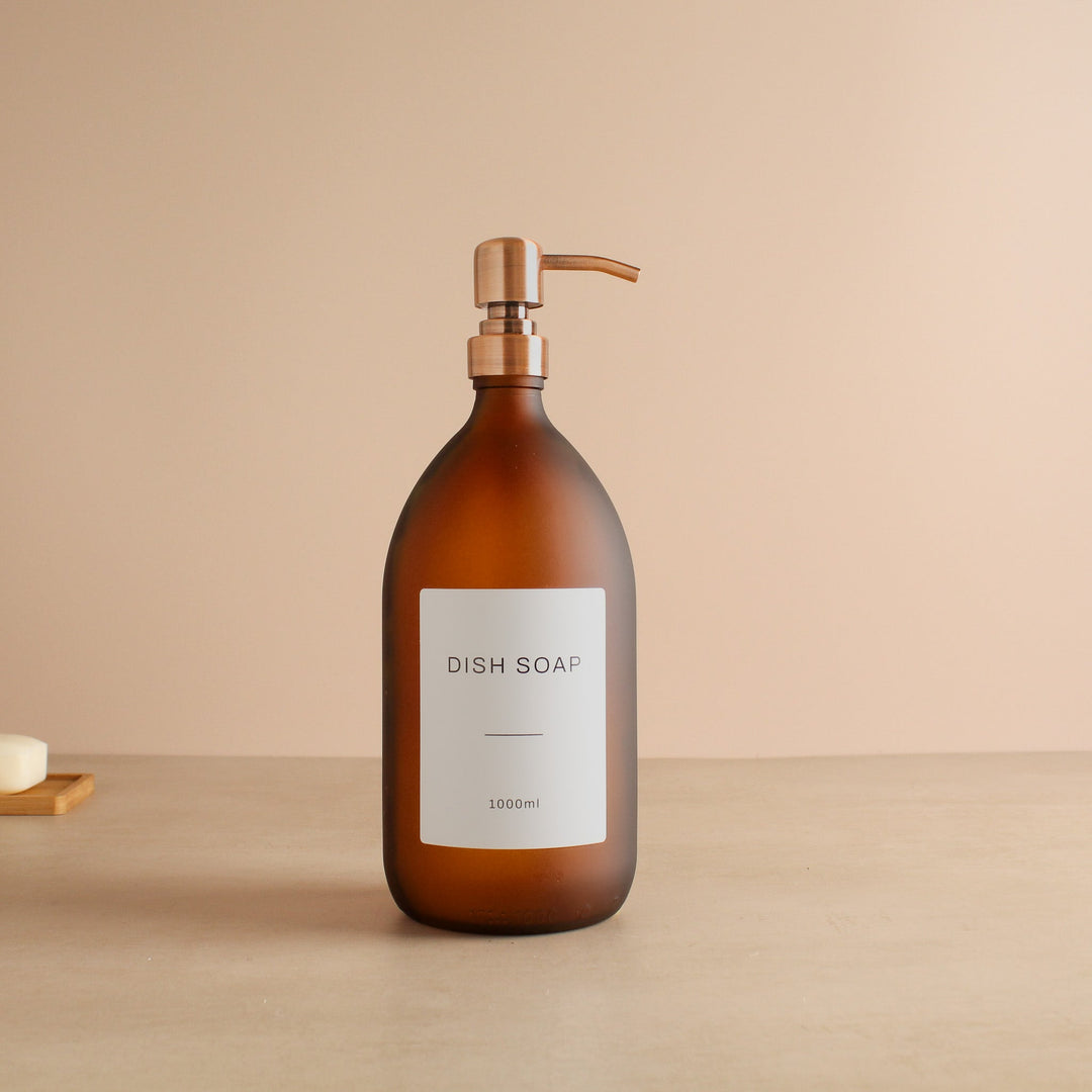 Labelled Frosted Amber Glass Dispenser Bottle With Rose Gold Pump - Namie Home