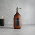 Labelled Frosted Amber Glass Dispenser Bottle With Silver Pump - Namie Home