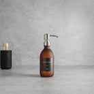 Labelled Frosted Amber Glass Dispenser Bottle With Silver Pump - Namie Home