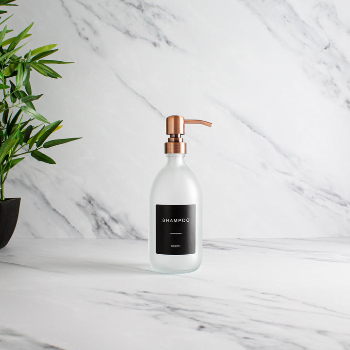 Labelled Frosted White Glass Dispenser Bottle With Rose Gold Pump - Namie Home