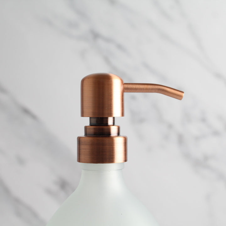 Labelled Frosted White Glass Dispenser Bottle With Rose Gold Pump - Namie Home